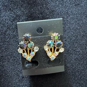 Gold Fan Design Earrings with Colorful Gemstones